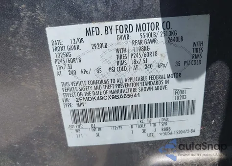 2009 Ford Edge Limited z USA, uszkodzony, nr VIN 2FMDK49CX9BA65641